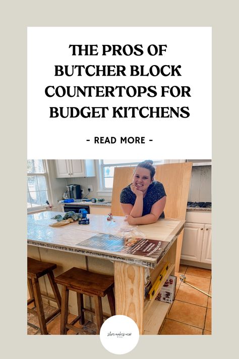 Smiling person leaning on a kitchen island with butcher block countertops in a budget kitchen. Hickory Butcher Block Countertops, Installing Butcher Block Countertops, Install Butcher Block Countertops, Kitchens With Butcher Block Countertops, Butcher Block Countertops Kitchen, Brick Backsplash Kitchen, Block Countertops, Ikea Play Kitchen, Butcher Block Counter