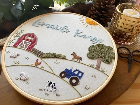 Nursery Hand Embroidery, Farm Embroidery Patterns, Baby Boy Embroidery Ideas, Baby Embroidery Ideas Boys, Baby Boy Embroidery Hoop, Embroidery For Baby Boy, Boy Embroidery Ideas, Boys Embroidery Designs, Baby Embroidery Ideas