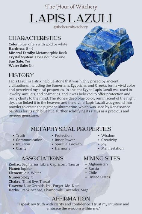 Crystal Purposes, Energy Stones Crystal Healing, Best Healing Crystals, Gemstones Chart, Crystal Healing Chart, Magic Spell Book, Lapis Lazuli Crystal, Crystals Healing Properties, Spiritual Crystals