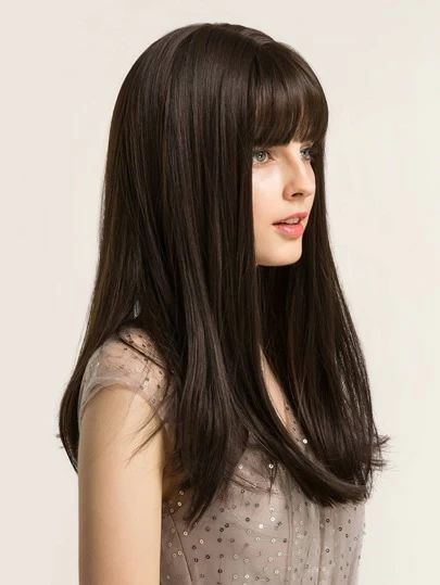 Long Straight Wig, Straight Bangs, Hair With Bangs, 100 Human Hair Wigs, Long Cut, Brown Wig, Long Straight Hair, Human Hair Wig, Straight Wig