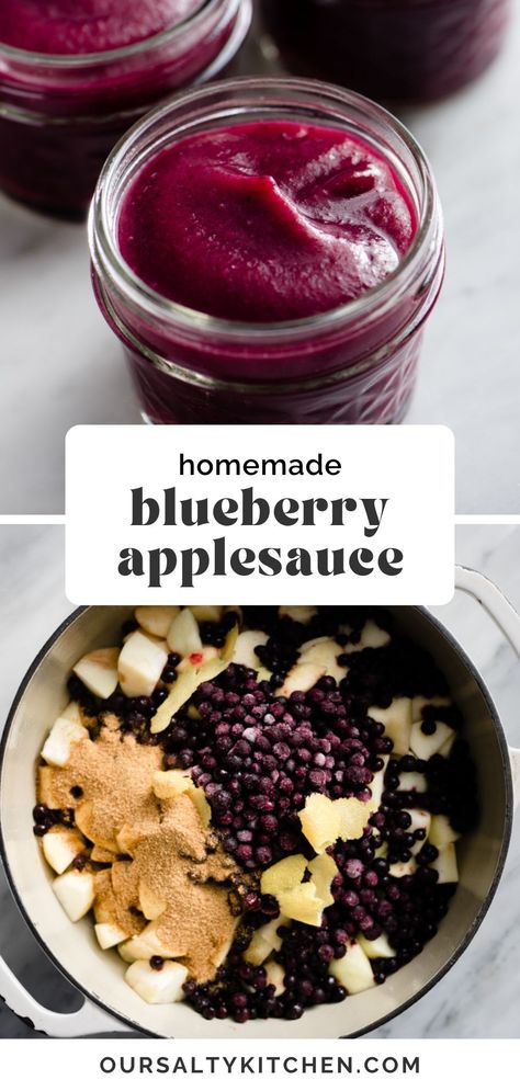 Level up your homemade applesauce game with this blueberry vanilla applesauce recipe! With intense flavor, this blueberry applesauce is a healthy recipe you can feel great about serving to your baby, toddler, and especially yourself. Serve over greek yogurt for a healthy breakfast, or enjoy as a snack or a treat. It's rich and decadent with zero guilt. #healthyrecipes #applesauce #snacks #kidfriendly Homemade Organic Applesauce, Diy Applesauce Easy, Diy Yogurt Melts Baby, Strawberry Applesauce Recipes, Healthy Snacks Fall, Whole Food Toddler Snacks, Blueberry Toddler Recipes, No Sugar Snacks For Kids, Can Fruit Recipes