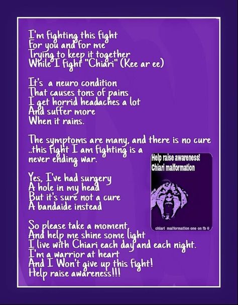 Living with Chiari 1 Malformation. Chiari Warrior's Life 💜 Chiari Malformation Quotes, Chiari Malformation Type 1, Chari Malformation, Chiari Warrior, Osgood Schlatter Disease, Medal Rack, Chiari Malformation, Spina Bifida, Preemies