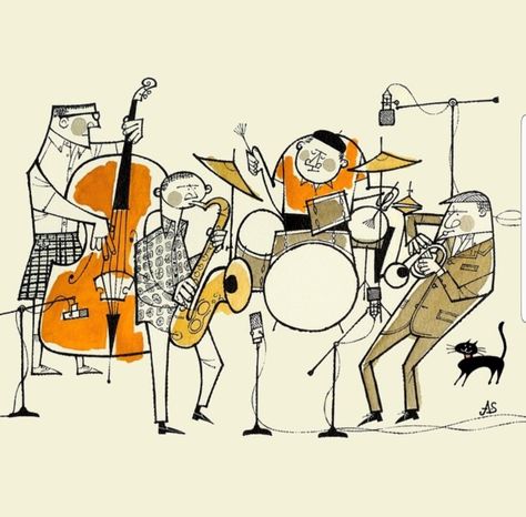 Arte Jazz, Jazz Quartet, 동화 삽화, Arte Peculiar, Vintage Illustration Art, Jazz Poster, Mid Century Illustration, Jazz Art, Music Illustration