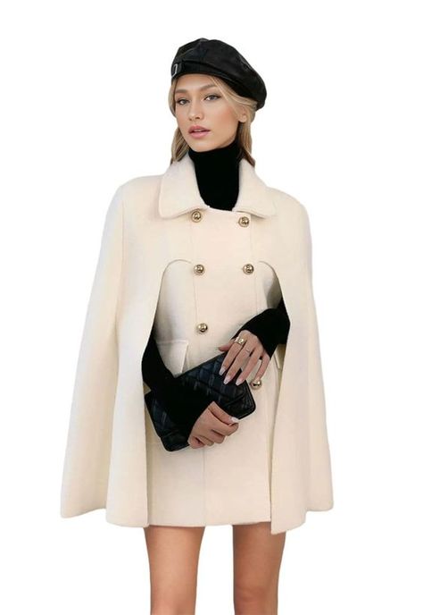 PRICES MAY VARY. Elegant gold button cape coat/ Sleeveless cloak wool blend peacoat/ Winter warm short jacket coat 【Simple But Trend-on】Women warm cape button down woolen winter poncho jacket with pockets 【Design】This chic dressy wool cape coat features double-breasted, gold button detailed,turn-down lapel collar, armholes sleeves, and 2 flap pockets, solid color, moderate thickness, cardigan outwear jacket 【Versatile Poncho Jacket】This short winter woolen poncho cape coat is made of high-quality fabric, and will always keep you warm during the cold day, this 2024 fall winter trendy short cape coat for women is a must-have in your winter collection 【Occasion】This button down wool cape poncho is perfect wear with your PU leather shorts, or jeggings, team with your boots for a causal chic lo Juliette Aesthetic, Cape Outfits For Women, Ladies Capes, Cape Coat Outfit, Trend Coat, Double Breasted Cardigan, Poncho Coat Cape, Wool Cape Coat, Cape Cloak