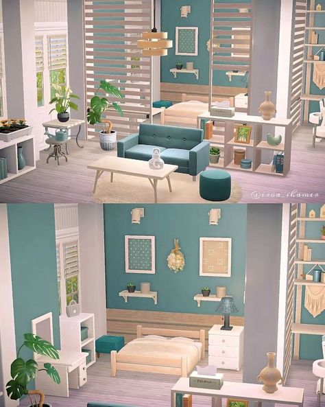 Acnh Craft Room Ideas, Acnh Blue Room Ideas, Acnh Melba House, Acnh Blue Bedroom, Acnh Interior Ideas, Acnh Beach House Interior, Chambre Animal Crossing New Horizon, Acnh Home Interior Ideas, Animal Crossing Home Interior Ideas