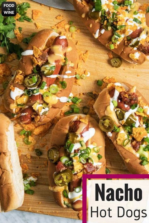 These creative nacho hot dogs from Food & Wine’s Paige McCurdy-Flynn can be made with any kind of tortilla for the ultimate tailgating Super Bowl recipe. | Food & Wine Nacho Hot Dogs, Super Bowl Hot Dogs, Hot Dog Bun Recipe, Game Time Food, Baked Dinners, Recipes For Grilling, Hot Dog Buns Recipe, Football Tailgate Food, Taco Cart