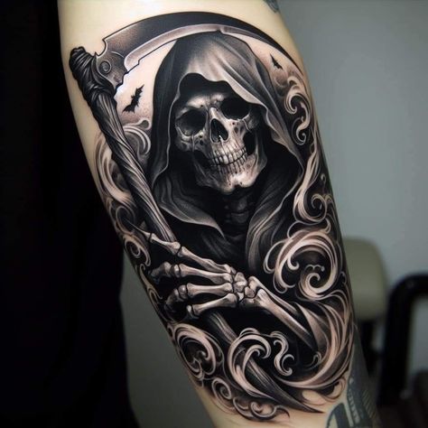 Eagle Chest Tattoo, Arm Tattoos For Guys Forearm, Warrior Tattoo Sleeve, Best Neck Tattoos, Grim Reaper Tattoo, Reaper Tattoo, Skull Sleeve Tattoos, Gangsta Tattoos, Cool Arm Tattoos