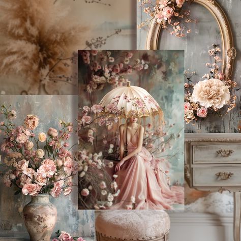 Shabby Chic Artwork, Versailles Marie Antoinette Bedroom, Rice Paper Decoupage Vintage Shabby Chic, Shabby Chic Floral Paintings, Victorian Floral Painting, Furniture Decoupage, Shabby Chic Aesthetic, Fairy Paintings Victorian, Woman Sitting