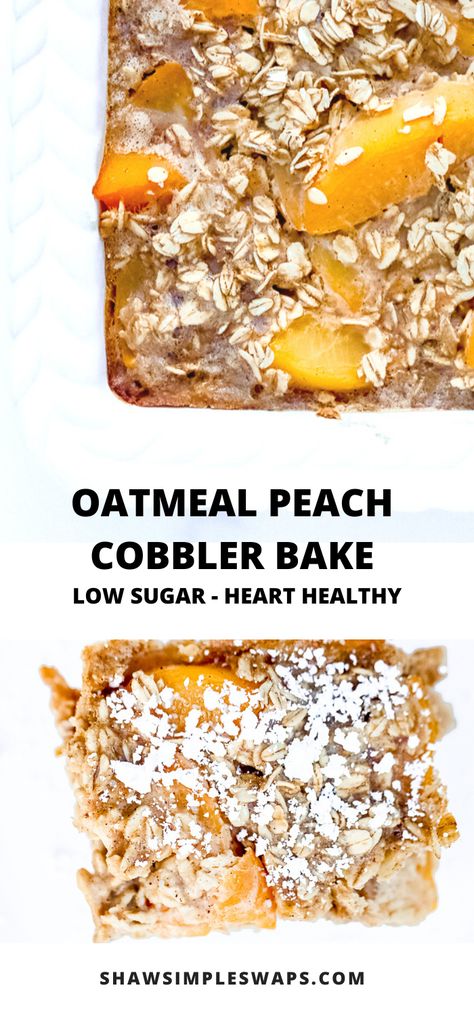 Peach Cobbler Healthy Oats, Peach Cobbler Oats Recipe, Breakfast Cobbler Healthy, Peach Cobbler Yogurt Bowl, Breakfast Peach Cobbler, Peach Cobbler Baked Oats, Peach Cobbler Breakfast, Protein Peach Cobbler, Oatmeal Peach Cobbler