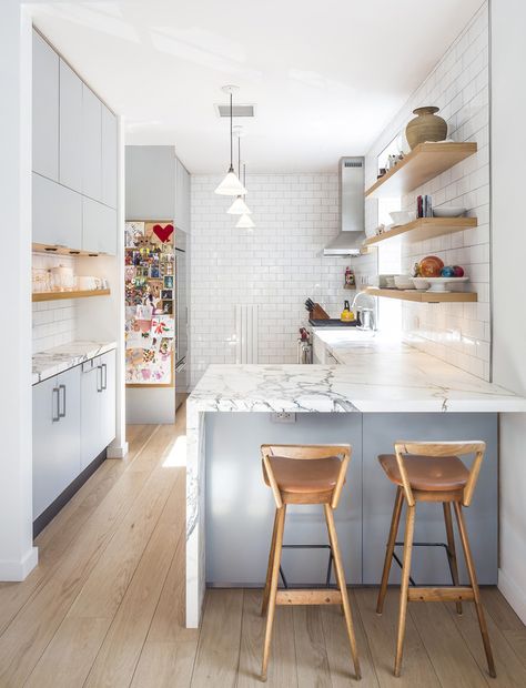 Narrow Kitchen Counter, Narrow Kitchen Peninsula, Half Kitchen, 100 Sq Ft Kitchen, Two Level Kitchen Peninsula, Kitchen Peninsula Next To Fridge, Slim Kitchen Ideas, Peninsula With Storage On Both Sides, Partially Open Kitchen