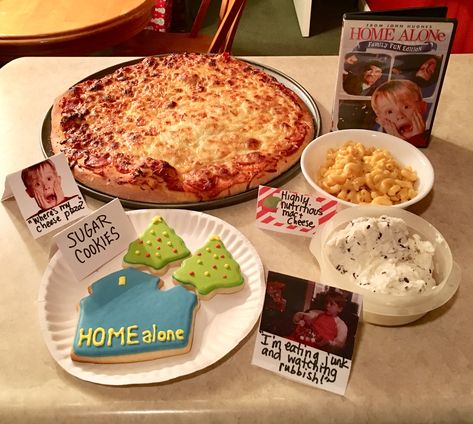 Home alone movie night Family Movie Night Dinner Ideas At Home, Home Alone Night Ideas, Family Movie Night Ideas Food Snacks, Christmas Movie Night Themes, Home Alone Dinner Ideas, Toddler Christmas Movie Night, Home Alone Dinner And A Movie, Home Alone Party Food, Home Alone Movie Night Food