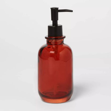 Threshold Apothecary Glass Soap/Lotion Dispenser Amber Soap Dispenser, Basement Airbnb, Burgundy House, Apothecary Bathroom, Colored Glass Bottles, Bathroom Stuff, Hand Sanitizer Dispenser, Glass Soap Dispenser, Glass Dispenser