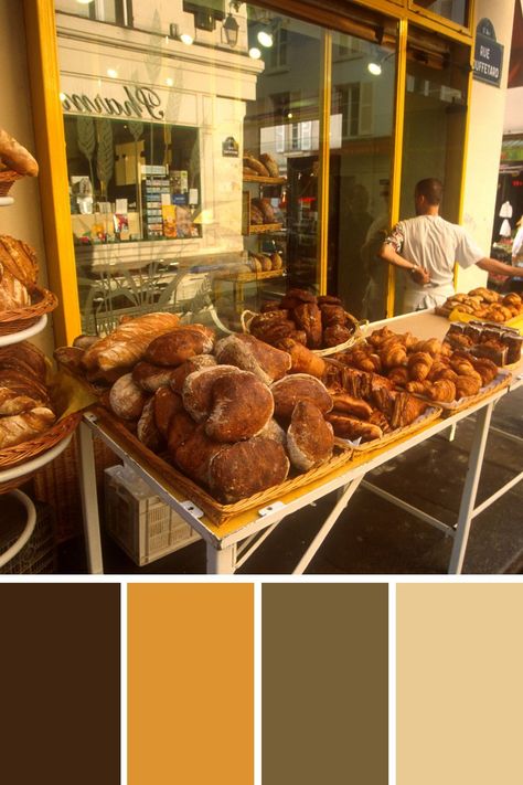 One of the things that should inspire a brand color is its own environment. In this case, this french bakery color palette is a mix of brown, yellow, and tans. Get inspired by warm bakery color palette, bakery aesthetic color palette, and french bakery color palette. Are you looking for a brand designer? Book Shelby today at beierbranding.com Bakery Color Palette Colour Schemes, Bakery Color Schemes, Bakery Colour Palette, Yellow And Brown Aesthetic, Bakery Color Palette, Food Colors Palette, Aesthetic Color Palette, Bakery Aesthetic, Bakery Website