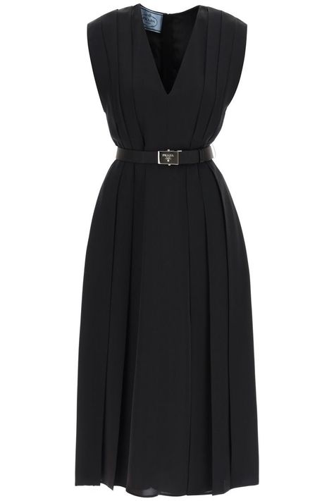 Prada Style, Prada Dress, Wide Skirt, Corporate Dress, Elegant Dresses Classy, Belted Midi Dress, Classy Dress Outfits, Invisible Zip, Engraved Logo