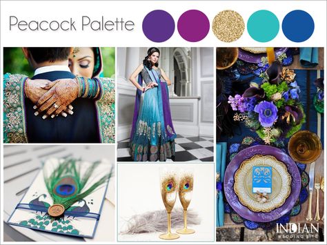 Peacock Indian Wedding Color Palette - Adding little peacock theme touches like feathers and using colors such as teal, blue, purple and gold can make a huge impact. Peacock Wedding Colors, Peacock Color Scheme, Teal Blue Weddings, Peacock Themed Wedding, Teal Wedding Colors, Indian Peacock, Peacock Wedding Theme, Indian Colours, Peacock Colors