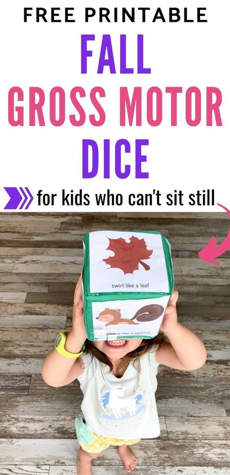 Does your child love to wiggle? Work out the toddler, preschooler, or kindergartener wiggles with this free printable fall theme gross motor game! These gross motor dice are great as a brain break or indoor gross motor activity. Click through to get your gross motor cube inserts and printable dice today! Seasons Gross Motor Activities, Large Motor Fall Activities For Preschool, Gross Motor Fall Activities Preschool, Fall Motor Skills Preschool, September Gross Motor Activities, Autumn Games For Preschool, Leaf Large Motor Activities, Fall Preschool Activities Gross Motor, Autumn Gross Motor Activities Preschool