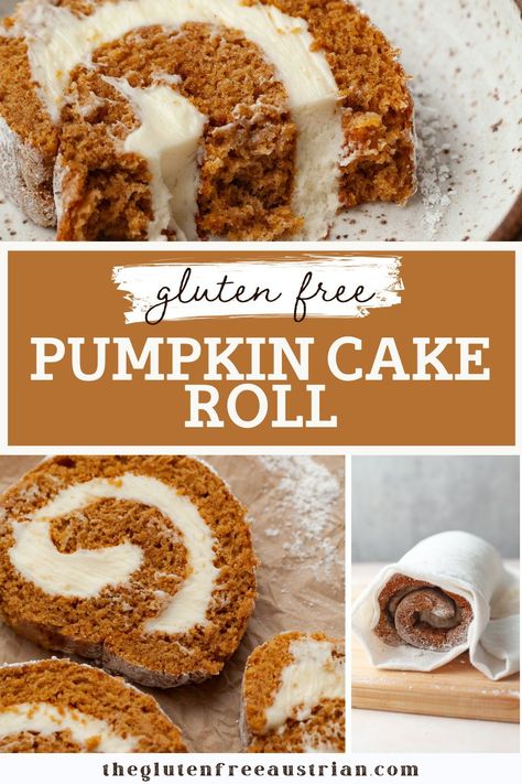 This Gluten Free Pumpkin Swiss Roll is a festive autumn dessert featuring a moist, spiced pumpkin cake filled with creamy, sweet cream cheese. Each slice showcases a beautiful swirl of rich pumpkin flavor and warm spices. Perfect for holiday gatherings, this treat is as delicious as it is visually stunning. Gluten Free Pumpkin Roll Loopy Whisk, Loopy Whisk Pumpkin Roll, No Gluten Desserts, Fall Food Gluten Free, The Loopy Whisk Gluten Free Bread, Yummy Gluten Free Meals, Gluten Free Fall Recipes Dinner, Gluten Free Pumpkin Roll Recipe, Thanksgiving Desserts Gluten Free