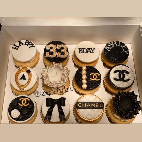 Chanel Themed Party, Dior Cupcakes, Chanel Birthday Theme, Cupcake Icing Designs, Chanel Cupcakes, Designer Cupcakes, 39 Birthday, 55 Birthday, Chanel Birthday Party