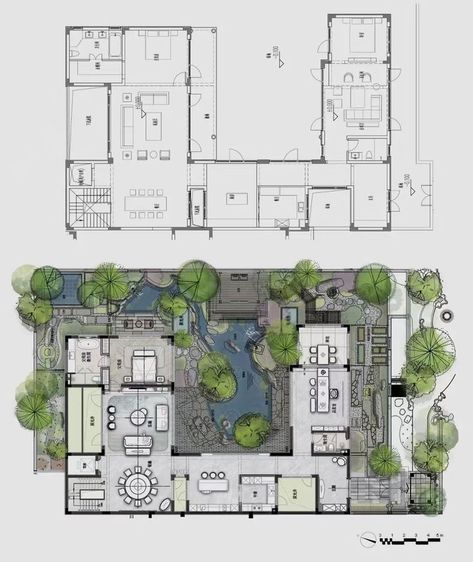 Japanese Courtyard House Plans, Japanese Courtyard House, U Shaped House Plans, U Shaped Houses, Courtyard House Plans, Casas The Sims 4, Architectural Floor Plans, Architectural Design House Plans, Villa Plan