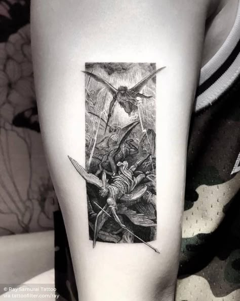 Paradise Lost by Gustave Doré Gustave Dore Tattoo, Lucifer Tattoo, Lost Tattoo, Atlas Tattoo, Paradise Tattoo, Army Tattoos, Surreal Tattoo, Single Needle Tattoo, Elements Tattoo