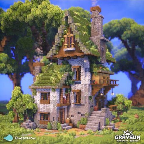 Wizard Hut Minecraft, Minecraft Profession Houses, Minecraft Enchanting House, Elven Minecraft Builds, Skyblock Base, Overgrown Minecraft Builds, Minecraft Moss House, Minecraft Swamp Build, Hobbit House Minecraft