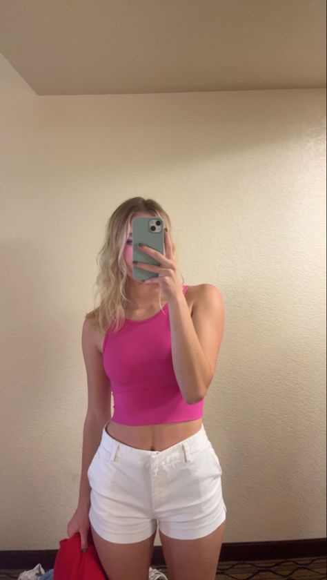 White Shorts Pink Top Outfit, White Athletic Shorts Outfit, Hot Pink Tank Top Outfit, Outfits With White Shorts, White Jean Shorts Outfit, Pink Shorts Outfit, Pink Tank Tops Outfit, Pink Shorts Outfits, Pink Top Outfit