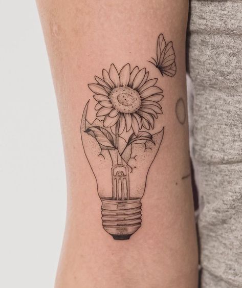 Lightbulb Tattoo, Brain Tattoo, Rose Tattoos For Women, White Ink Tattoo, Sunflower Tattoos, Matching Tattoo, Dot Work Tattoo, Sunflower Tattoo, Great Tattoos