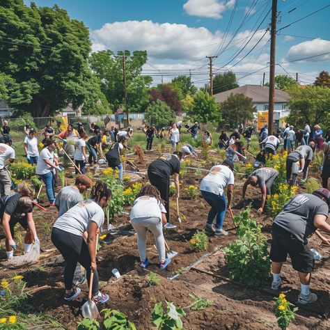 Community Gardening Effort: A group of volunteers engage in a community gardening project on a sunny day, nurturing nature. #community #gardening #volunteers #plants #teamwork #aiart #aiphoto #stockcake ⬇️ Download and 📝 Prompt 👉 https://ayr.app/l/Fdis Community Garden Ideas, Community Aesthetic, Period Poverty, Garden Community, Community Picture, Farming Community, Action Board, Community Gardens, Values Education