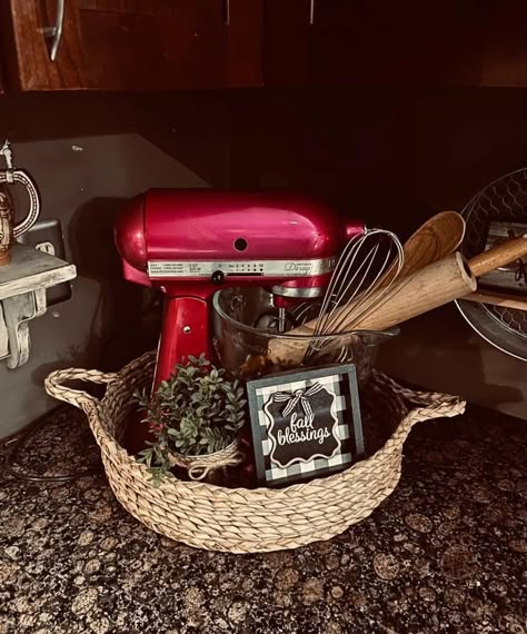 Fall Mixer Decor, Kitchen Aid Decorating, Kitchen Aid Decorations, How To Decorate With Kitchen Aid Mixer, Kitchenaid Mixer On Counter, Kitchenaid Decor, Kitchenaid Mixer Decor Ideas, Mixer On Counter Decor, Kitchen Aid Mixer Attachment Organizer