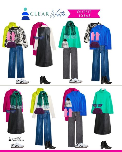 Bright Winter Work Outfit, Clear Winter Color Palette Outfits Capsule Wardrobe, Clear Winter Wardrobe, Colourful Winter Capsule Wardrobe, Cool True Winter Outfits, Sultry Jewel Winter, Clear Winter Outfits Capsule Wardrobe, Vibrant Winter Outfits, Bright Winter Colour Palette