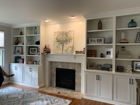 Fireplace Built Ins Long Wall, Built In Bookshelves Living Room Fireplace, Bookcase By Fireplace, Recessed Fireplace With Built Ins, Fireplace Cabinets On Each Side, Built In Bookcases Around Fireplace, Bookcases Around Fireplace, Fireplace With Bookshelves On Each Side, Built In Shelves Living Room Fireplace