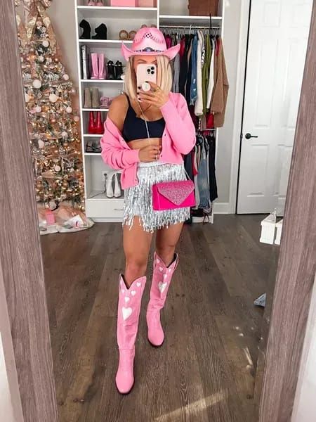 #amazon #nye outfit inspo! Wearing a small in everything! #nyeoutfit Neon Cowgirl Party Outfit, Nashville Outfits Pink Boots, Pink Stagecoach Outfit, Glam Cowgirl Outfit Pink, Pink Cowgirl Concert Outfit, Disco Cowgirl Bachelorette Outfit Pink, Dolly Parton Outfit Inspiration, Disco Cowgirl Outfit Pink, Neon Western Outfit