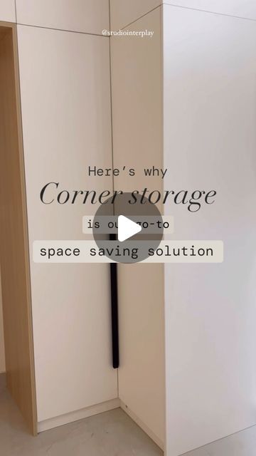 Studio Interplay on Instagram: "We love adding corner cabinets to maximize the available space in our projects.   Here’s why you should go for corner storage⬇️   ✅Efficiently saves space. ✅Keeps things organized. ✅Maximizes storage in tight areas. ✅Declutters corners effectively. ✅Customizable to fit your needs.  We hope this was helpful!   If you’re planning on creating something similar, save this to show your contractor later!📌   [interior design, home renovation, storage ideas, storage solutions, wardrobe, innovative storage ideas, Gurgaon homes, Gurgaon home renovation] #homerenovation #gurgaonhomes #storageideas #storagesolutions" Corner Wall Cupboard Ideas, Corner Bedroom Cupboards, Corner Storage Built In, Less Space Wardrobe Design, Corner Rotating Wardrobe, Room Corner Wardrobe Design, Corner Fitted Bathroom Furniture, Corner Bedroom Cupboard Ideas, Corner Storage Cabinet Bedroom