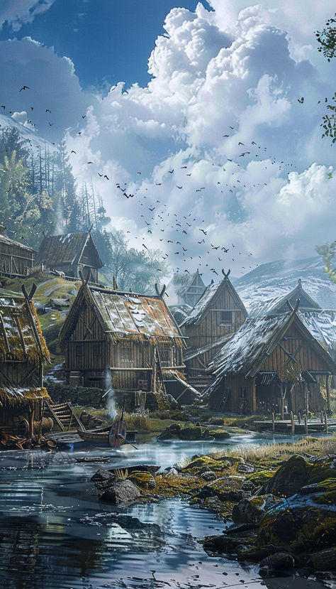 Viking Village Setting Fantasy Viking Village Concept Art, Viking Village Art, Viking Fantasy Aesthetic, Viking House Concept Art, Fantasy Viking Village, Dark Viking Aesthetic, Viking Fantasy Art, Viking Core, Skyrim Painting