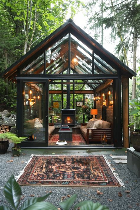 Woman Cave Ideas Treehouse Office, Greenhouse Lounge, Woman Cave Ideas, Dark Bathroom Ideas, Indoor Water Features, Crafting Corner, Dark Bathrooms, Indoor Hammock, Greenhouse Ideas