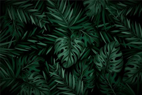 Realistic dark tropical leaves backgroun... | Free Vector #Freepik #freevector #background #nature #wallpaper #art Daun Wallpaper Nature, Dark Leaves Wallpaper Desktop, Dark Nature Wallpaper Laptop, Tropical Green Wallpaper, Computer Wallpaper Desktop Wallpapers Aesthetic Dark, Leaves Wallpaper Desktop, Laptop Background Dark Aesthetic, Dark Green Desktop Wallpaper, Dark Green Wallpaper Laptop