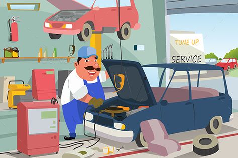 A vector illustration of Auto Mechanic Fixing a Car in the Garage Garage Illustration, Illustration Job, Urdu Stories For Kids, Business Car, Auto Mechanic, Mechanic Garage, Cartoon Clipart, Car Repair Service, Auto Repair Shop