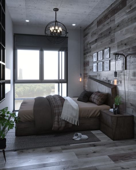 Small Apartment | Industrial Interior Design on Behance Cozy Industrial Bedroom, Modern Small Apartment Design, Candles Inspiration, Apartment Industrial, Icon Layout, Industrial Bedroom Design, Kampar, Small Apartment Bedrooms, Rustic Apartment