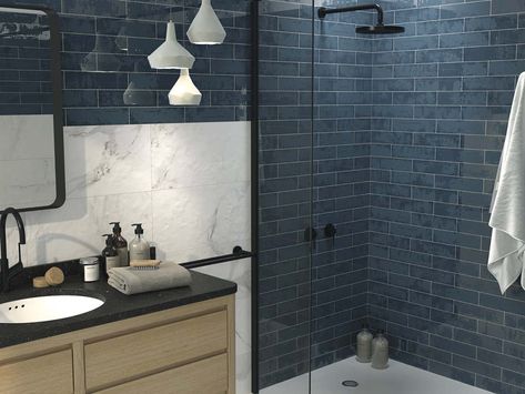 Pub Style Basement, Sloped Ceiling Bathroom, Navy Blue Tile, Tile Styles, Natural Stone Tile Floor, Graphic Tiles, Styl Grunge, Ceiling Bathroom, Ceramic Tile Backsplash