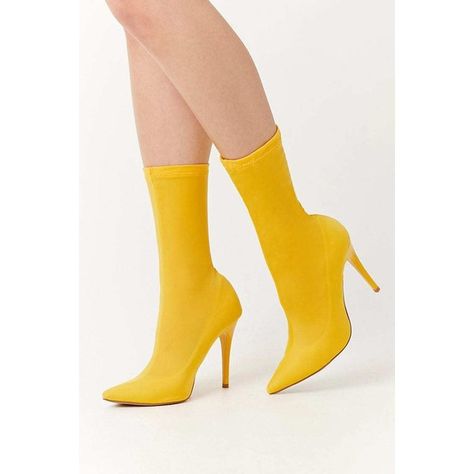 Forever 21 Shoe Republic Sock Boots  Yellow ($35) ❤ liked on Polyvore featuring shoes, boots, mid-calf boots, yellow, yellow high heel boots, calf length boots, mid calf high heel boots, pointed-toe boots and forever 21 boots Yellow High Heels, Calf Length Boots, Boots Outfit Ankle, Sock Boots, Pointed Toe Boots, Forever 21 Shoes, Slip On Boots, Calf Boots, Mid Calf Boots