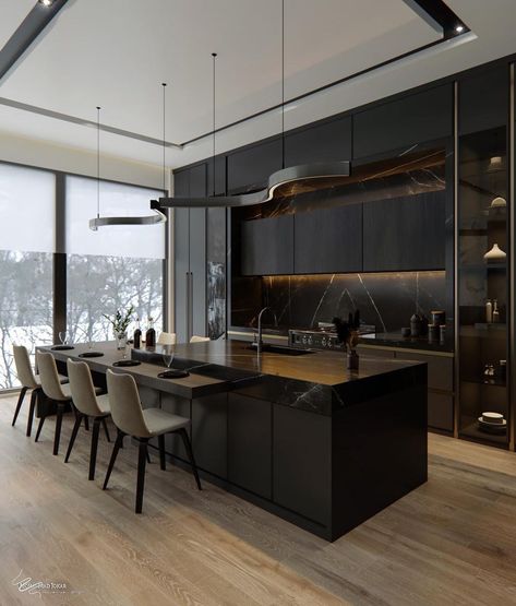 Contemporary Kitchen Design Open Concept, Dark Luxury Kitchen, Modern Kitchen Dark, Luxury Kitchen Lighting, Kitchen Living Room Open Concept, Waterfall Edge Island, Dark Modern Kitchen, Pantry Kitchen Organization, Modern Dark Kitchen