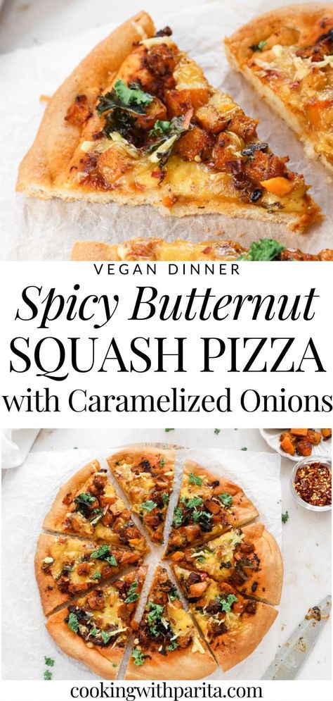 Butternut Squash Pizza Sauce, Butternut Squash Pizza Recipe, Fall Pizza Recipes, Vegan Butternut Squash Recipes, Spicy Butternut Squash, Butternut Squash Pizza, Squash Pizza, Spicy Pizza, Butternut Squash Sauce