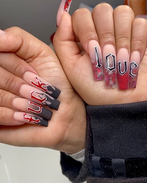 Nails x Tati 🧿 on Instagram: “Anti Valentines freestyle for one of my favs 😇 @ceedolll • • • #nails #lanailtech #818nails #northridgenails #nailsoftheday…” Hate Valentines Day Nails, Anti Valentines Day Nails Acrylic, Anti Valentine’s Day Nails, Anti Valentine Nails, Anti Love Nails, Emo Valentines Nails, Spooky Valentines Nails, Anti Valentines Nails, Goth Valentines Nails