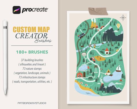 Procreate Map Brushes Free, Procreate Map, Maps Illustration Design, Fantasy Map Maker, Town Illustration, Map Illustrations, Landscapes Mountains, Procreate Stamp Brushes, Procreate Tips