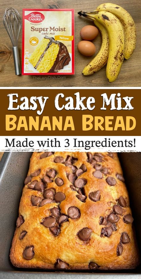 This recipe may sound too good to be true, but this easy way of making banana bread is SO GOOD! You would never guess it’s made with just cake mix, mashed bananas, and eggs. You can, of course, also include chopped nuts or chocolate chips for added flavor and crunch. Simply smash the bananas and mix with the eggs along with the entire box of dry cake mix. Generously grease TWO bread loaf pans and then divide the batter evenly between both pans. Bake at 350° F oven 25-35 minutes. Done! Cake Mix Banana Bread Recipe, 3 Ingredient Cake, Cake Mix Banana Bread, 3 Ingredient Cakes, Cake Mix Muffins, Creamy Chicken And Rice, Moist Banana Bread, Easy Banana Bread Recipe, Spice Cake Mix