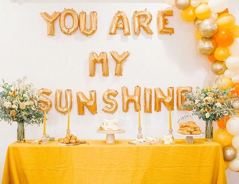 Gold Sunshine Themed Birthday, You Are My Sunshine backdrop Sunshine Birthday Cakes, Sunshine Birthday Theme, Yellow Birthday Parties, 21st Birthday Themes, Sunshine First Birthday, Sunshine Birthday Parties, Bio Design, Sunshine Party, Sunshine Baby Shower