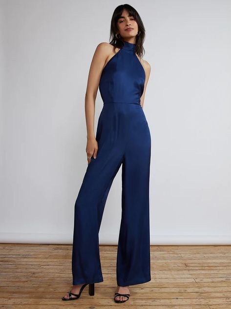 Navy Blue Jumpsuit Outfit, Blue Jumpsuit Outfit, Blue Jumpsuits Outfit, Formal Romper, Navy Blue Jumpsuit, Cool Silhouettes, Jumpsuit Navy Blue, Satin Jumpsuit, Blue Jumpsuit