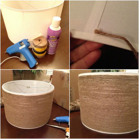 DIY Twine-Wrapped Lampshade Tutorial Diy Seagrass Lampshade, Yarn Wrapped Lampshade, Ribbon Wrapped Lampshade, Yarn Lamp Shade, Rope Wrapped Lampshade, Mason Jar Chandelier Diy, Lampshade Tutorial, Homemade Lamps, Beaded Lampshade