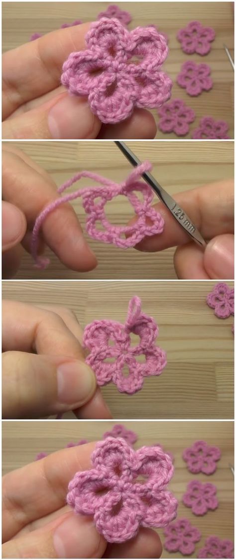 Cute Crochet Applique Designs, Crochet Small Earrings, Crochet Small Patterns Free, Crochet Flower Decoration, Small Flowers Crochet Pattern, Small Crocheted Flowers, Crochet Small Applique, How To Crochet A Small Flower, Crochet Flower Easy Free Pattern