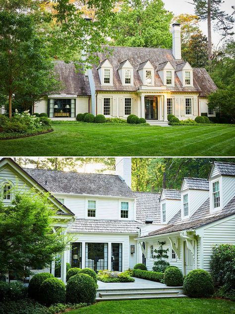 Remodeled Colonial Cottage Atlanta Homes Exterior, Colonial Style Home Exterior, Narrow Foyer, Renovated Cottage, Colonial Cottage, Living Space Ideas, Lush Landscaping, Colonial Exterior, Modern Renovation